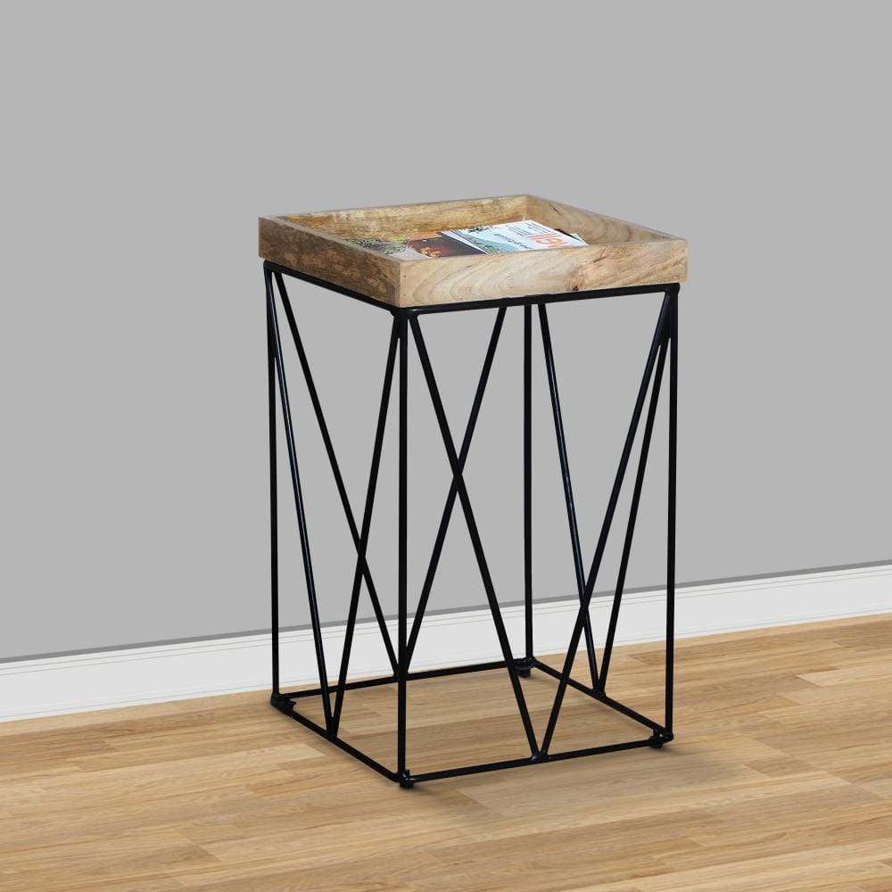 24 Inch Industrial End Side Table Mango Wood Square Tray Top V Shape Iron Accent Brown Black By The Urban Port UPT-262395