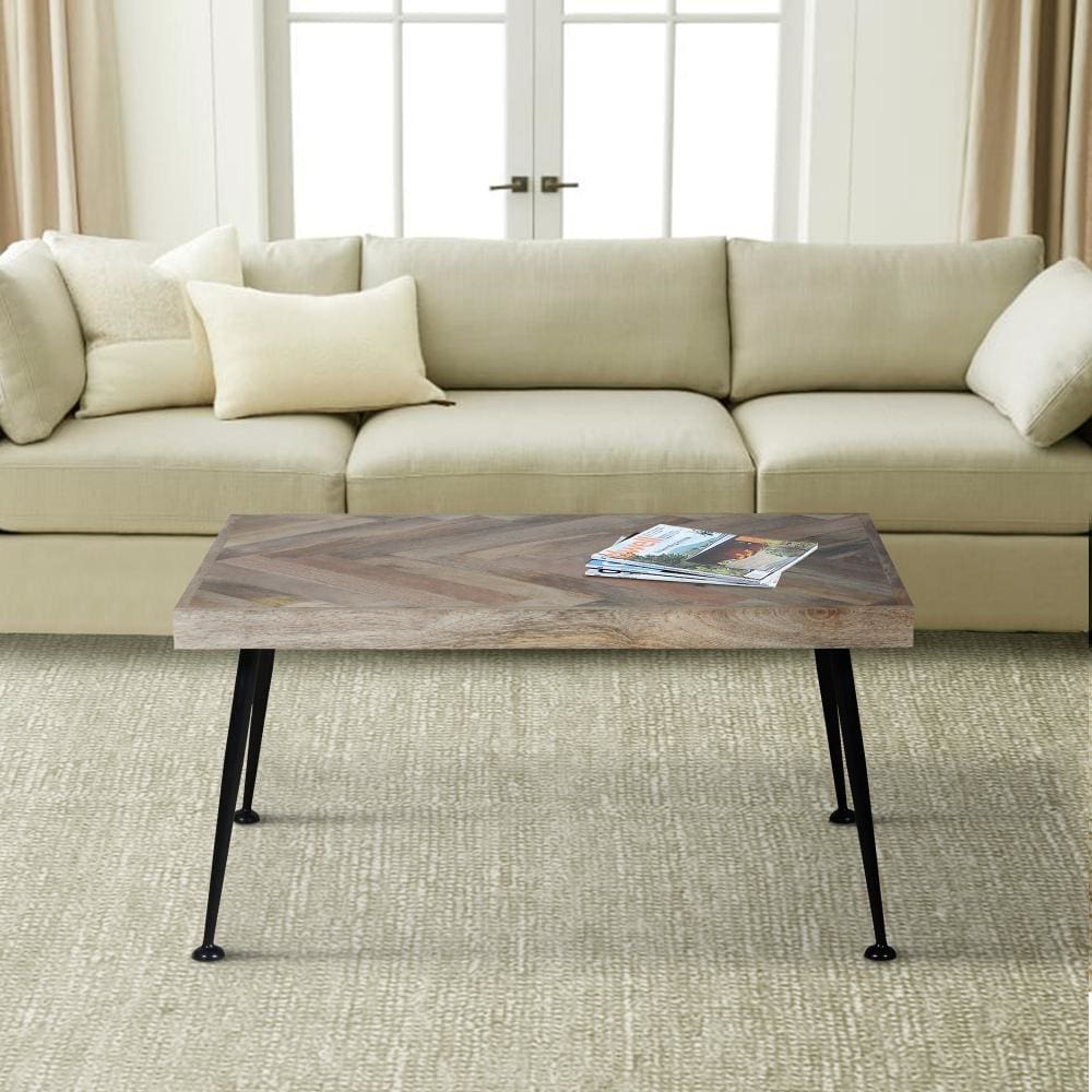 36 Inch Rectangular Mango Wood Coffee Table Herringbone Design Iron Legs Brown Black By The Urban Port UPT-262396