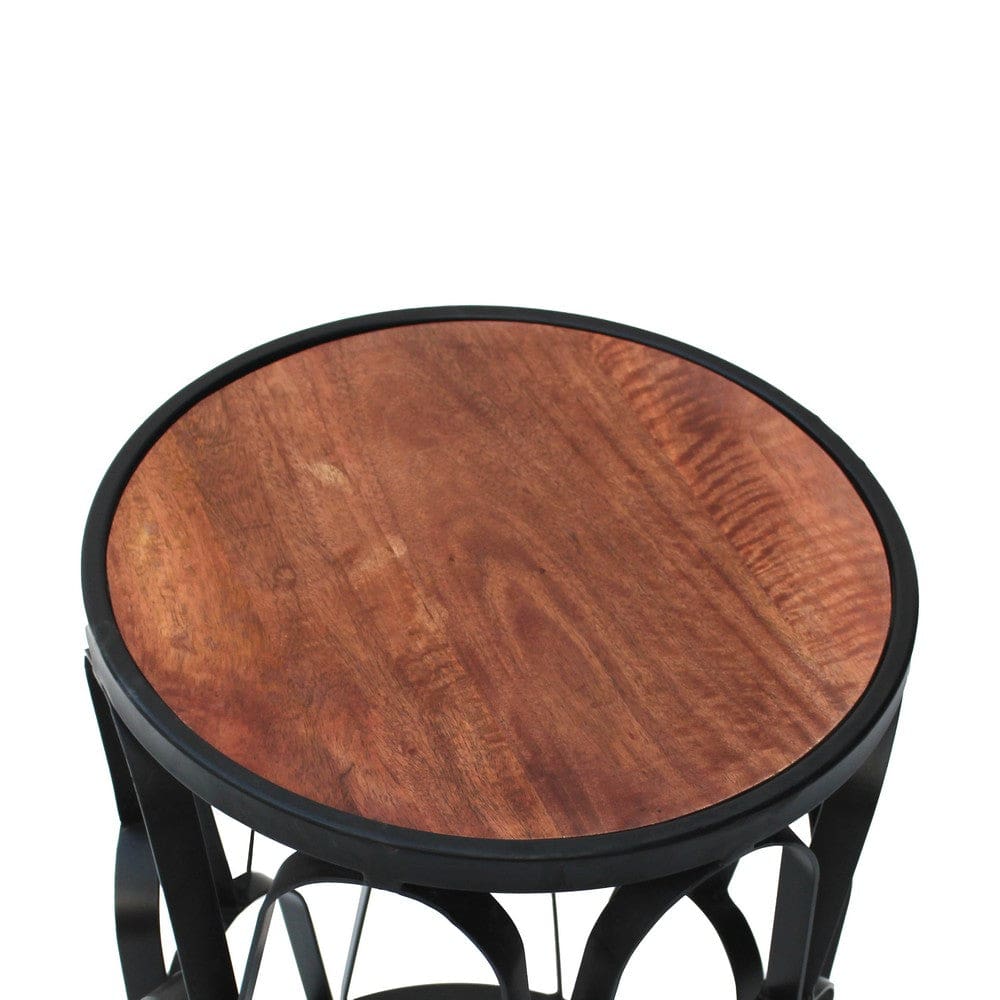 23 Inch End Side Table Round Mango Wood Top Lattice Cut Out Iron Frame Brown Black By The Urban Port UPT-262397