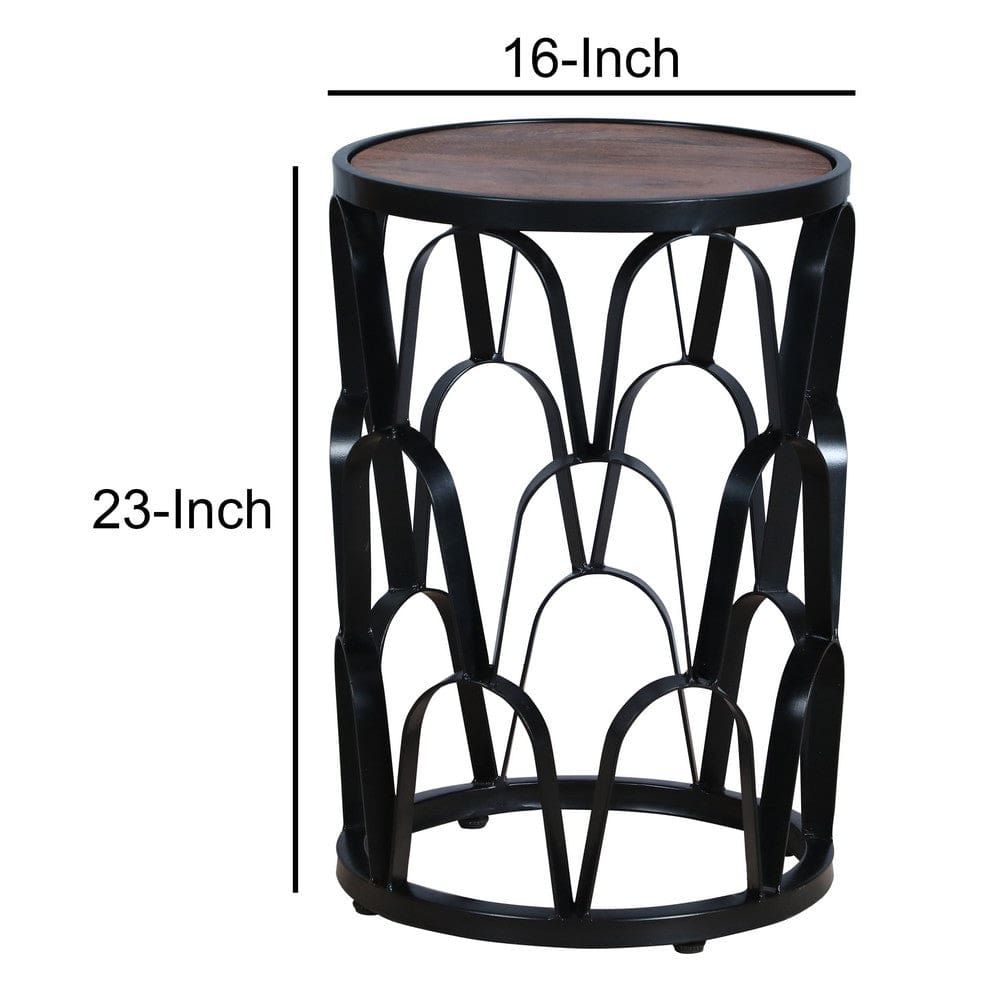 23 Inch End Side Table Round Mango Wood Top Lattice Cut Out Iron Frame Brown Black By The Urban Port UPT-262397