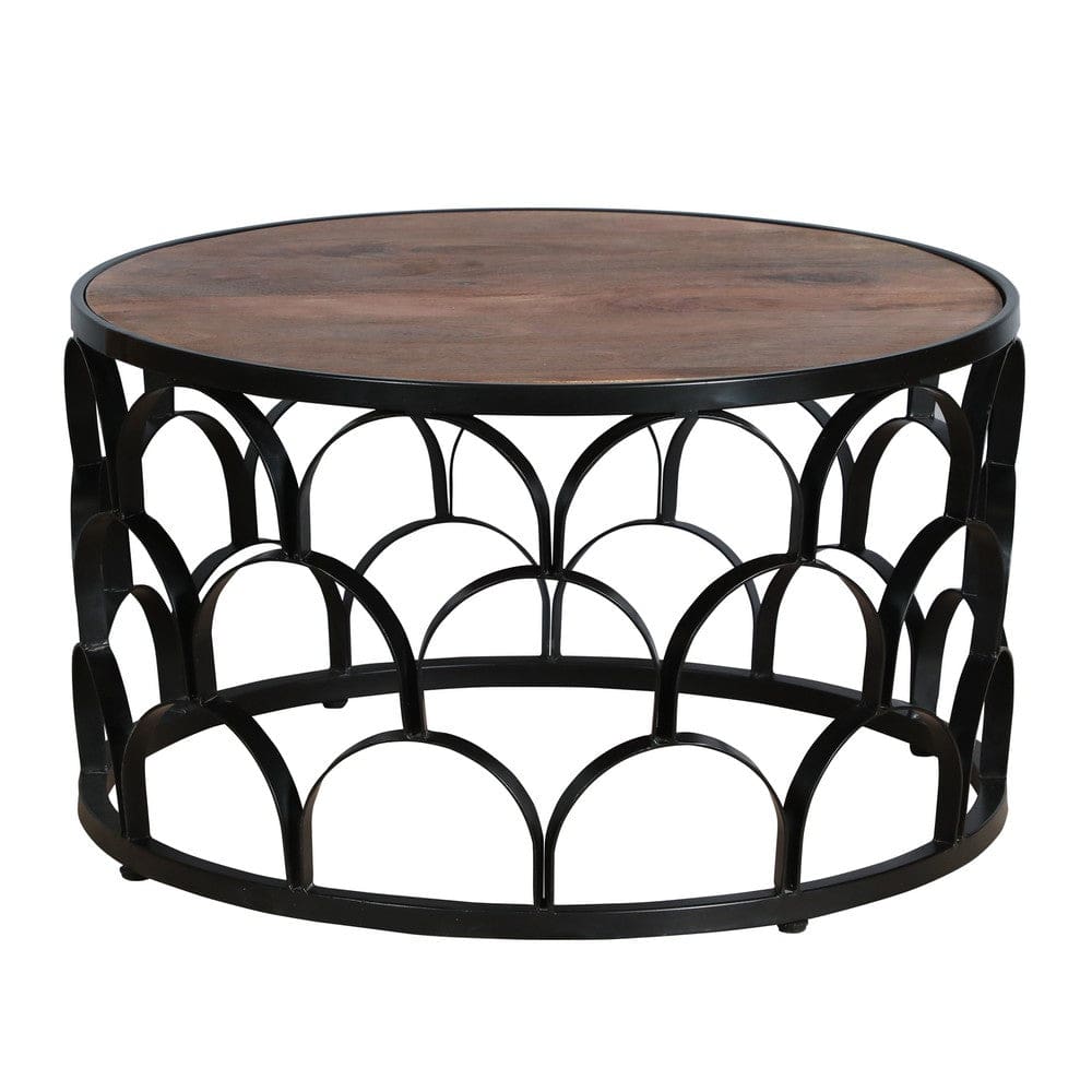 32 Inch Round Coffee Table Mango Wood Top Lattice Cut Out Metal Frame Brown Black By The Urban Port UPT-262398