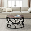 Dex 32 Inch Round Coffee Table, Mango Wood Top, Lattice Cut Out Metal Frame, Brown, Black The Urban Port