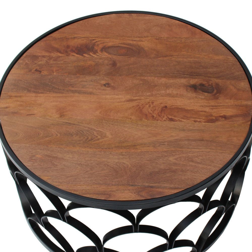 32 Inch Round Coffee Table Mango Wood Top Lattice Cut Out Metal Frame Brown Black By The Urban Port UPT-262398