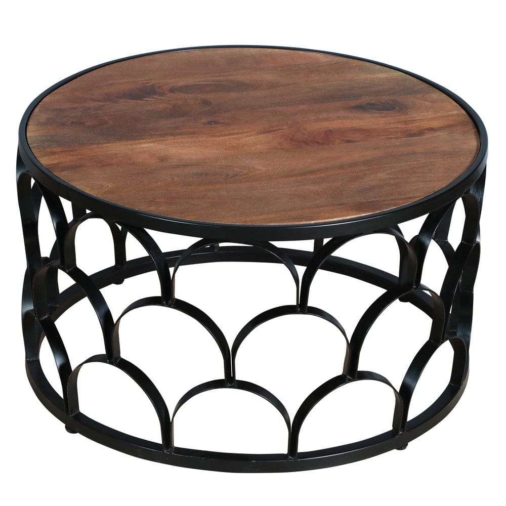 32 Inch Round Coffee Table Mango Wood Top Lattice Cut Out Metal Frame Brown Black By The Urban Port UPT-262398