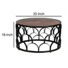 32 Inch Round Coffee Table Mango Wood Top Lattice Cut Out Metal Frame Brown Black By The Urban Port UPT-262398