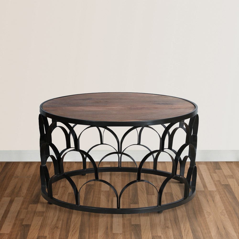 32 Inch Round Coffee Table Mango Wood Top Lattice Cut Out Metal Frame Brown Black By The Urban Port UPT-262398