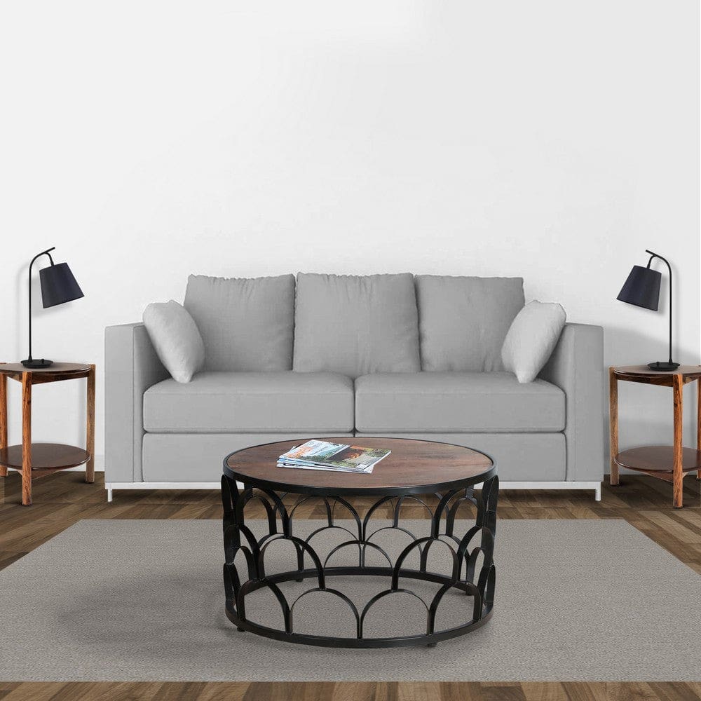 32 Inch Round Coffee Table Mango Wood Top Lattice Cut Out Metal Frame Brown Black By The Urban Port UPT-262398