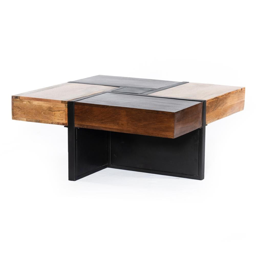 Mango Wood Square Coffee Table with Metal Base Brown and Black By The Urban Port UPT-262403