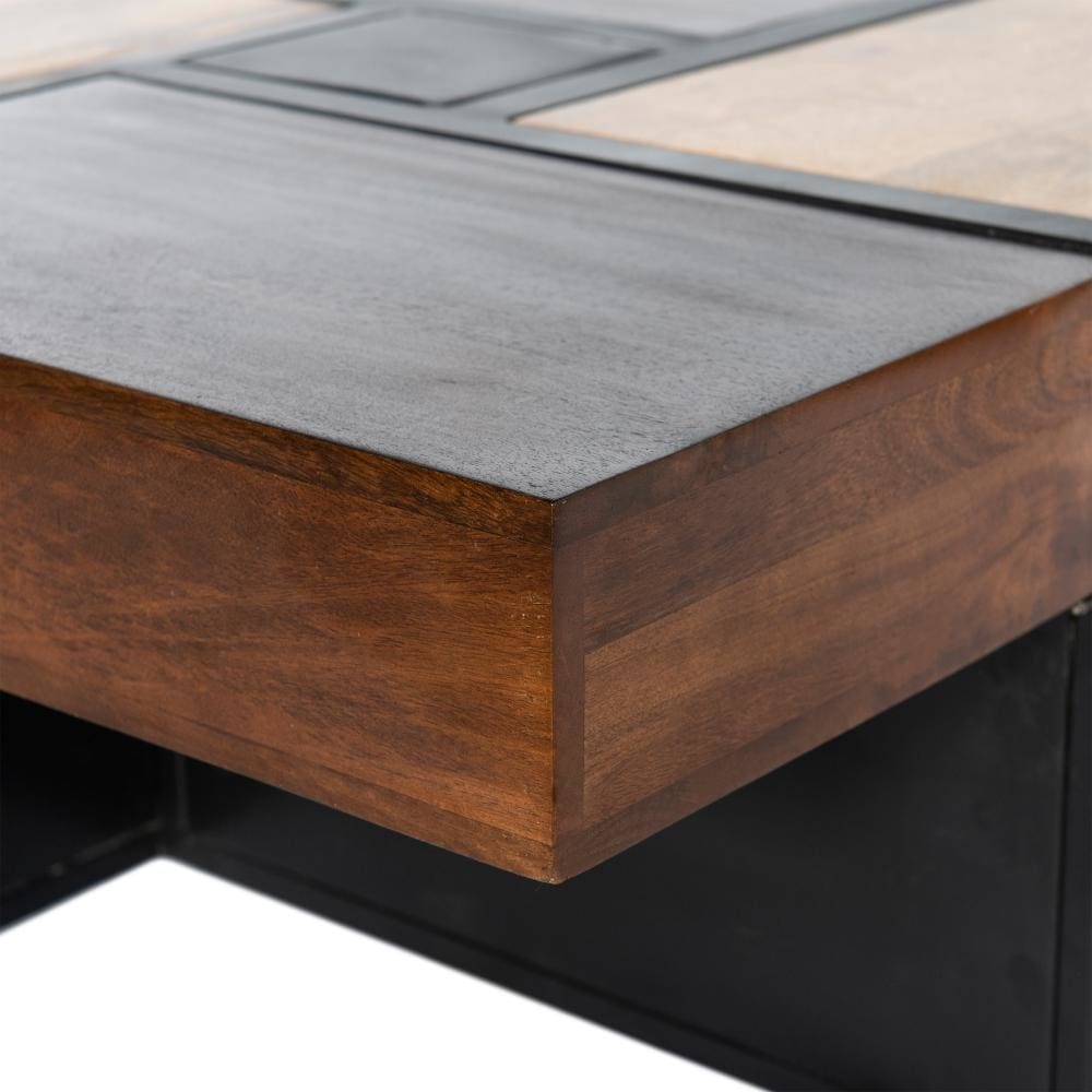 Mango Wood Square Coffee Table with Metal Base Brown and Black By The Urban Port UPT-262403