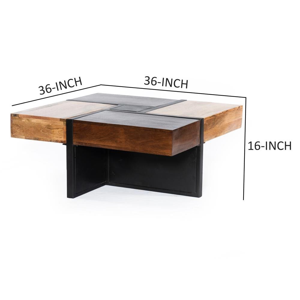 Mango Wood Square Coffee Table with Metal Base Brown and Black By The Urban Port UPT-262403