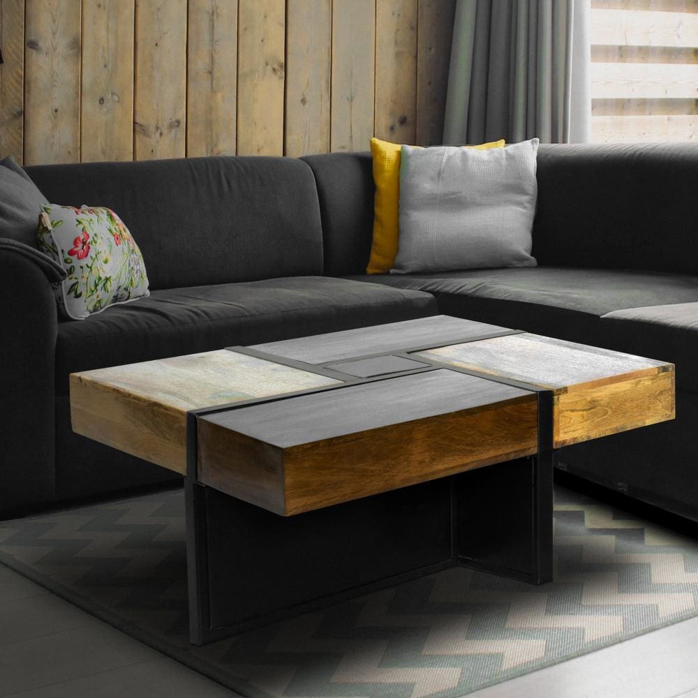 Mango Wood Square Coffee Table with Metal Base Brown and Black By The Urban Port UPT-262403