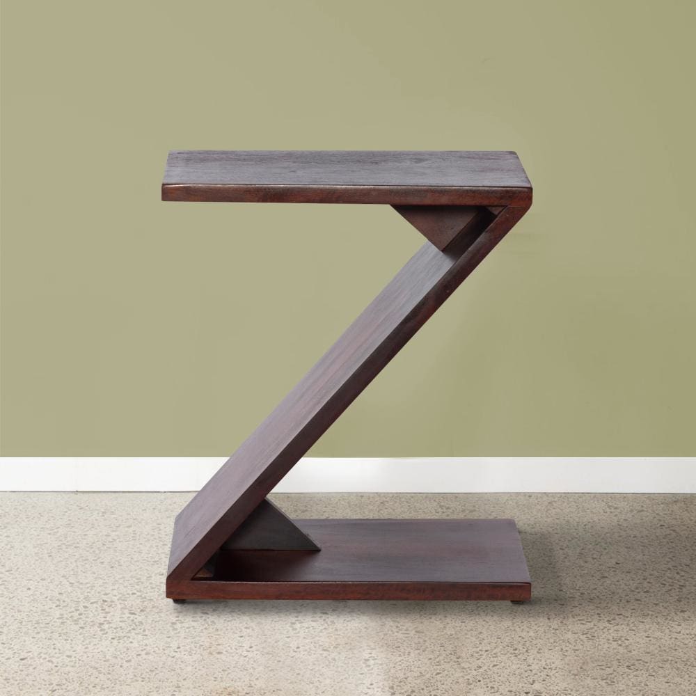 Mango Wood Side Table with Z Shaped Design Dark Oak Brown By The Urban Port UPT-262409