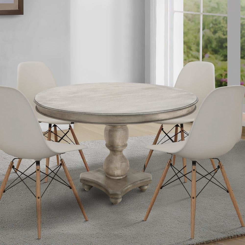 42 Inch Handcrafted Mango Wood Dining Table with Pedestal Base Round Molded Top Washed White By The Urban Port UPT-262414