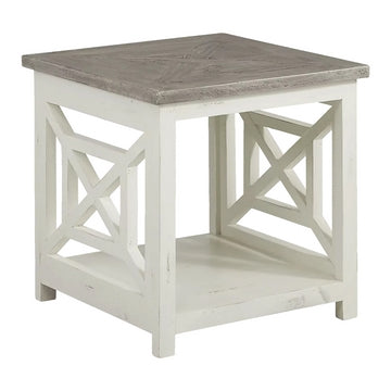 Solid Wood Farmhouse End Table with X Shape Side Panels, White and Brown By The Urban Port