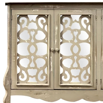 Storage Console with 4 Doors and Scrolled Mirror Trim Antique White and Silver By The Urban Port UPT-262894