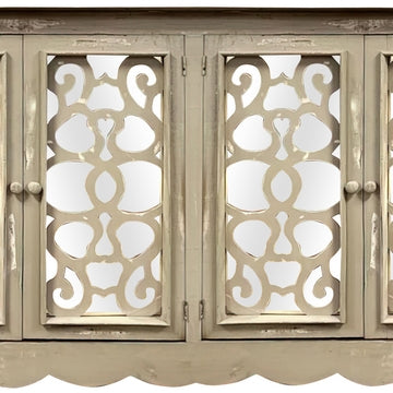 Storage Console with 4 Doors and Scrolled Mirror Trim Antique White and Silver By The Urban Port UPT-262894