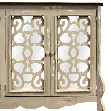 Storage Console with 4 Doors and Scrolled Mirror Trim Antique White and Silver By The Urban Port UPT-262894