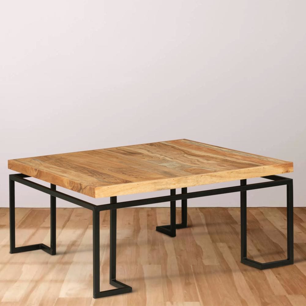 Square Coffee Table with Wooden Top and Geometric Frame Brown and Black By The Urban Port UPT-263264