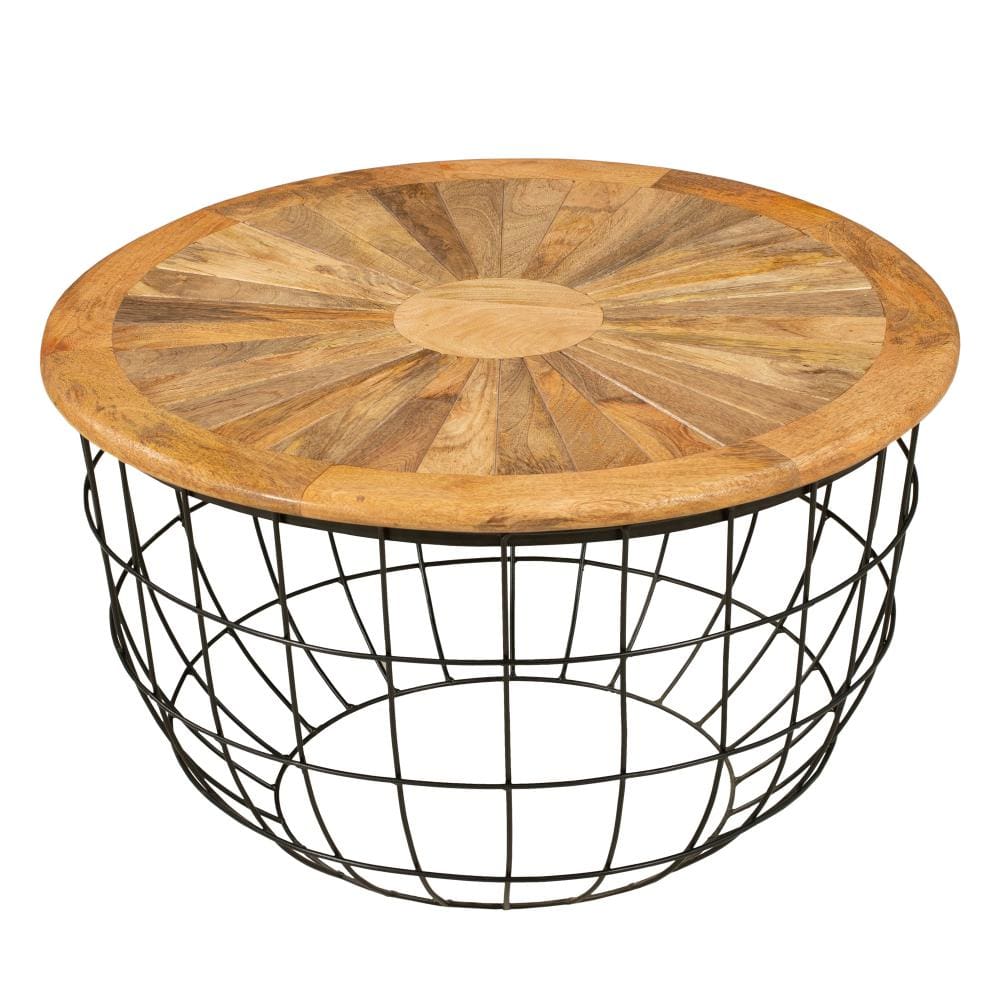 Round Mango Wood Coffee Table with Wooden Top and Nesting Basket Frame Brown and Black By The Urban Port UPT-263265