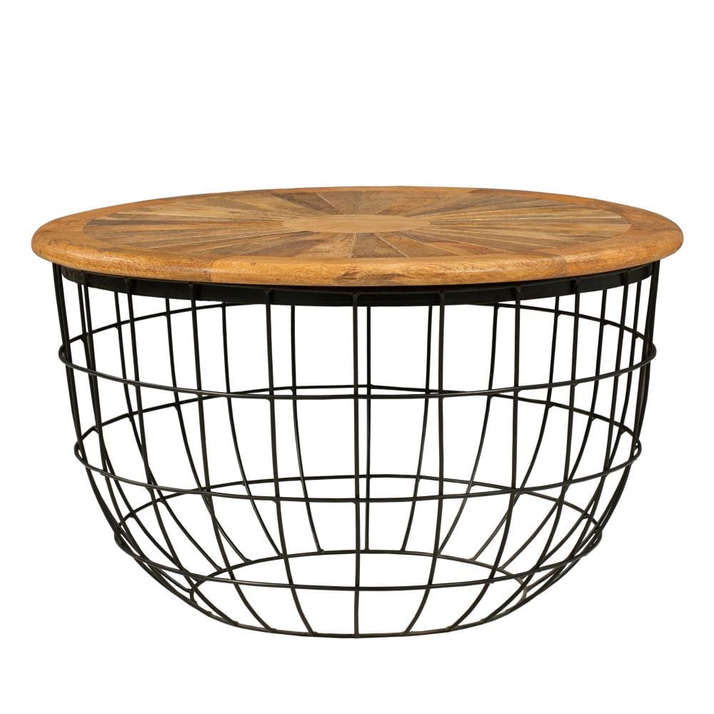 Round Mango Wood Coffee Table with Wooden Top and Nesting Basket Frame Brown and Black By The Urban Port UPT-263265