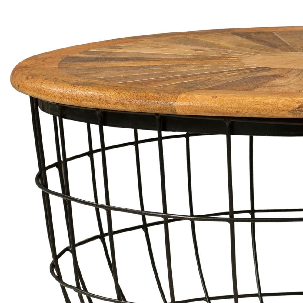 Round Mango Wood Coffee Table with Wooden Top and Nesting Basket Frame Brown and Black By The Urban Port UPT-263265