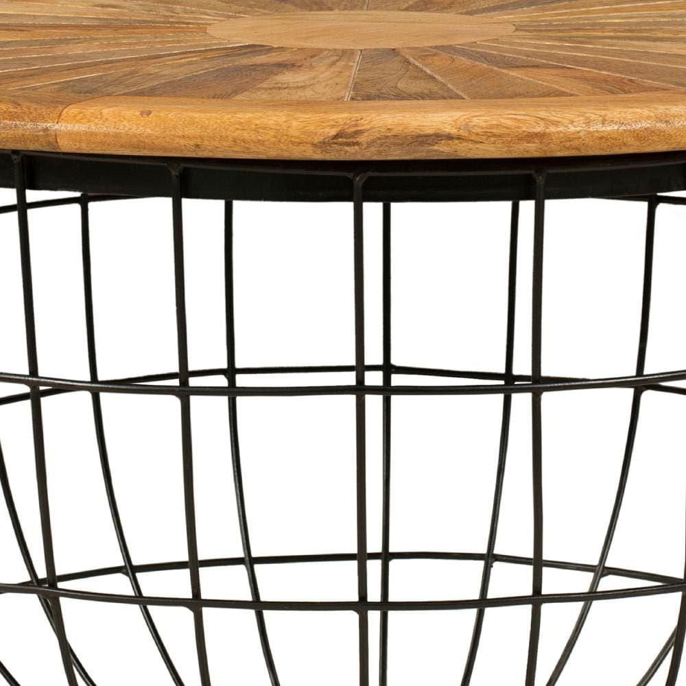 Round Mango Wood Coffee Table with Wooden Top and Nesting Basket Frame Brown and Black By The Urban Port UPT-263265