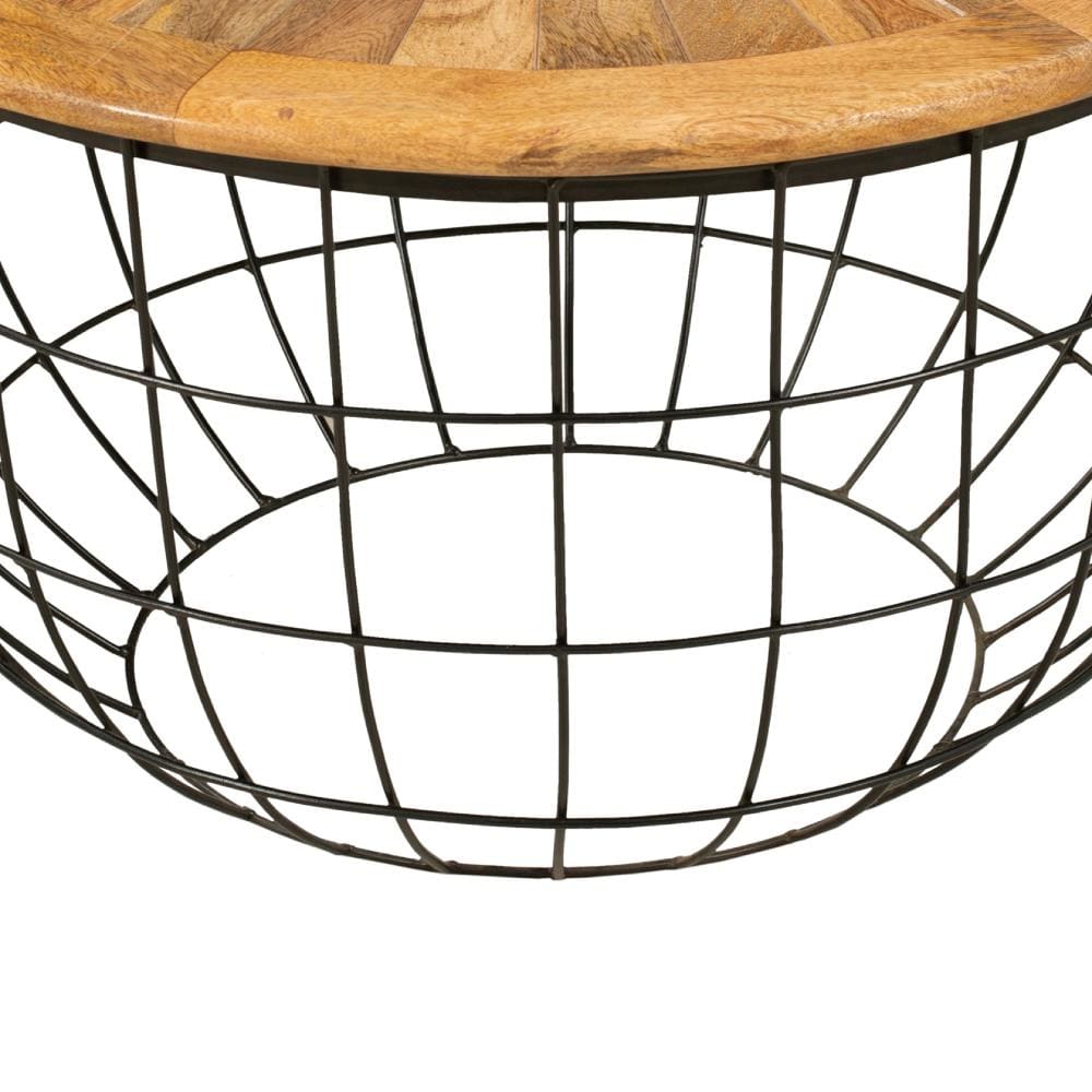 Round Mango Wood Coffee Table with Wooden Top and Nesting Basket Frame Brown and Black By The Urban Port UPT-263265