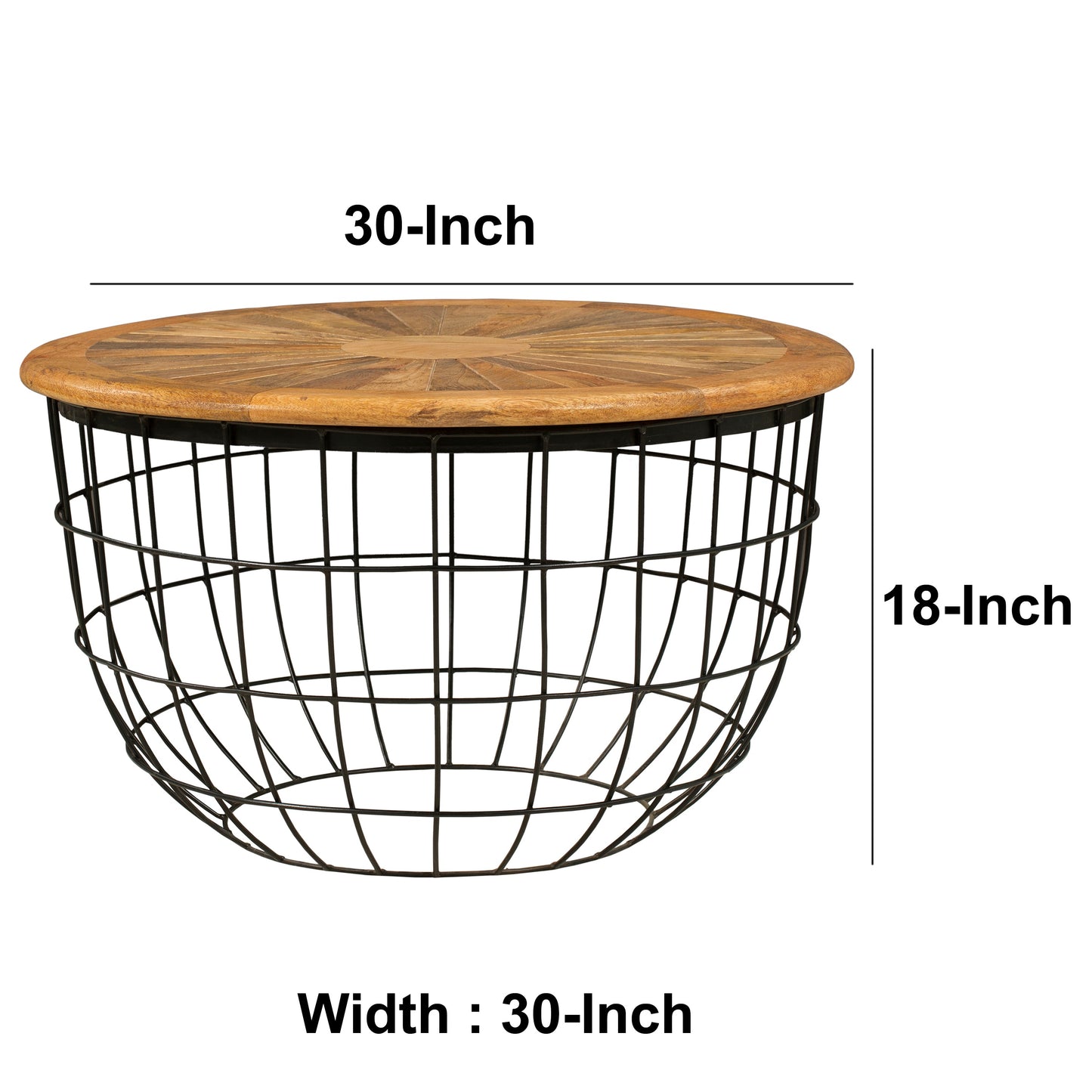 Round Mango Wood Coffee Table with Wooden Top and Nesting Basket Frame Brown and Black By The Urban Port UPT-263265