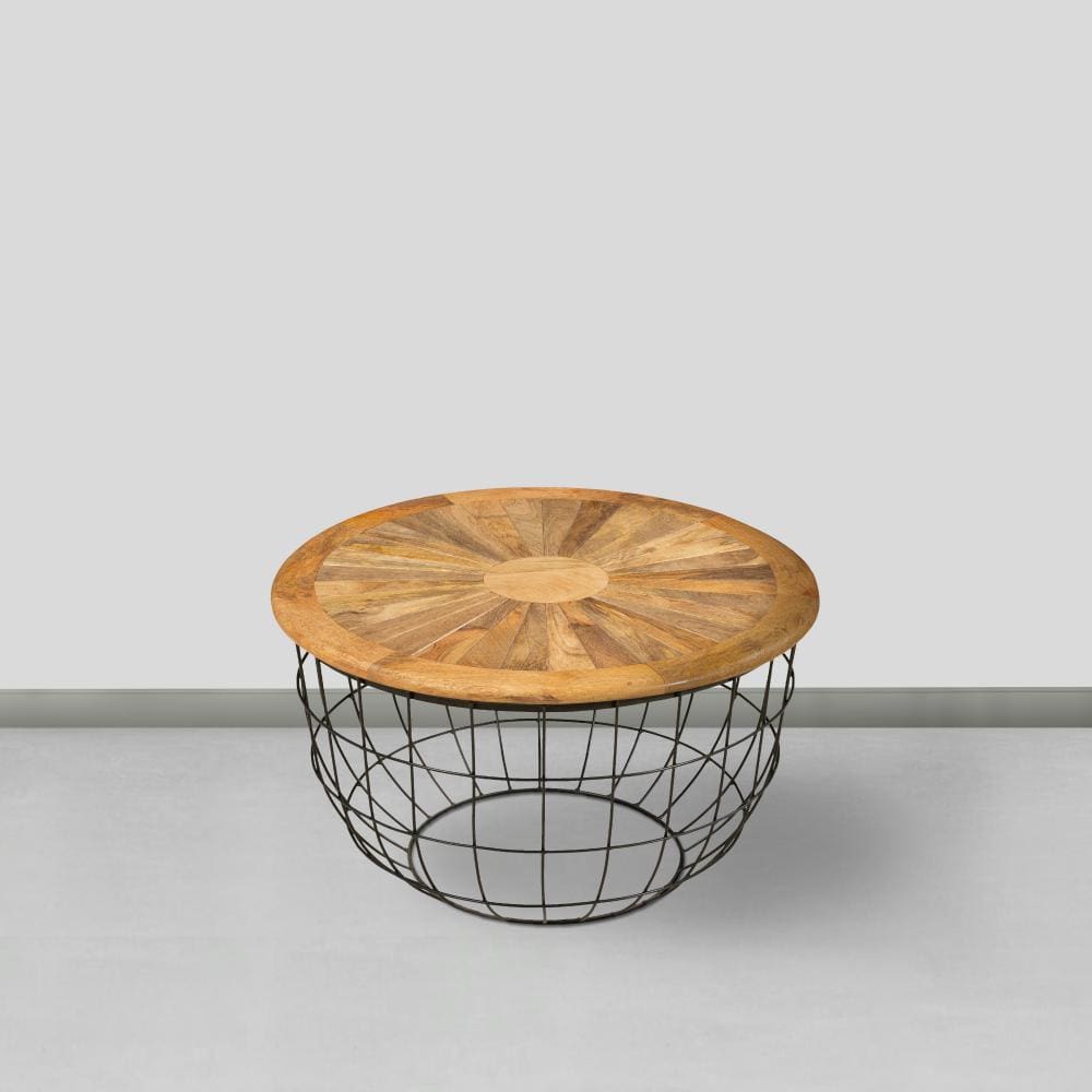 Round Mango Wood Coffee Table with Wooden Top and Nesting Basket Frame Brown and Black By The Urban Port UPT-263265