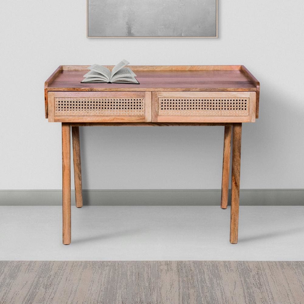 Mango Wood Farmhouse Writing Desk with 2 Drawers and Wooden Frame Oak Brown By The Urban Port UPT-263594