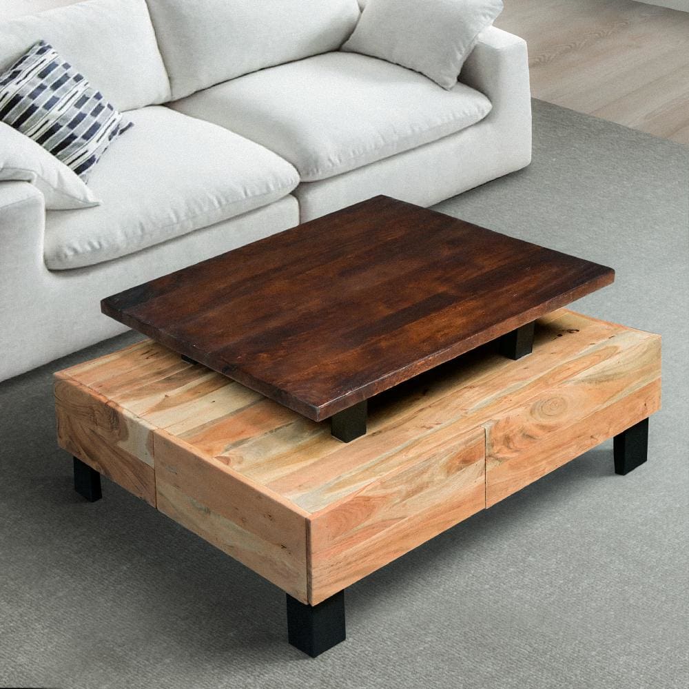 Farmhouse Coffee Table with 2 Drawers and Open Bottom Shelf Brown and Black By The Urban Port UPT-263760