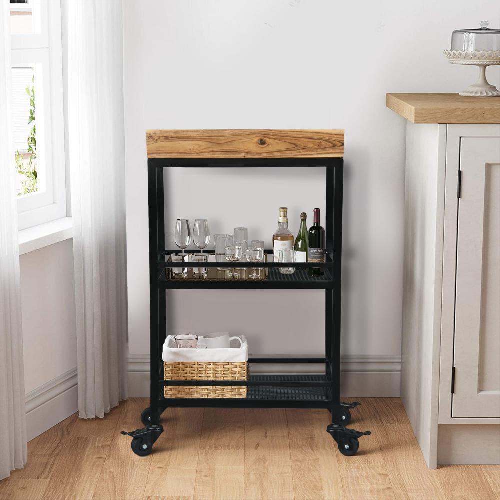 Industrial Serving Cart with 3 Tier Storage and Metal Frame, Brown and Black By The Urban Port