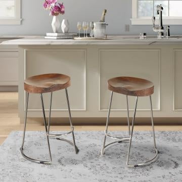 Ela Mango Wood Counter Height Stool, Saddle Seat, Iron, Set of 2, Walnut Brown, Silver By The Urban Port