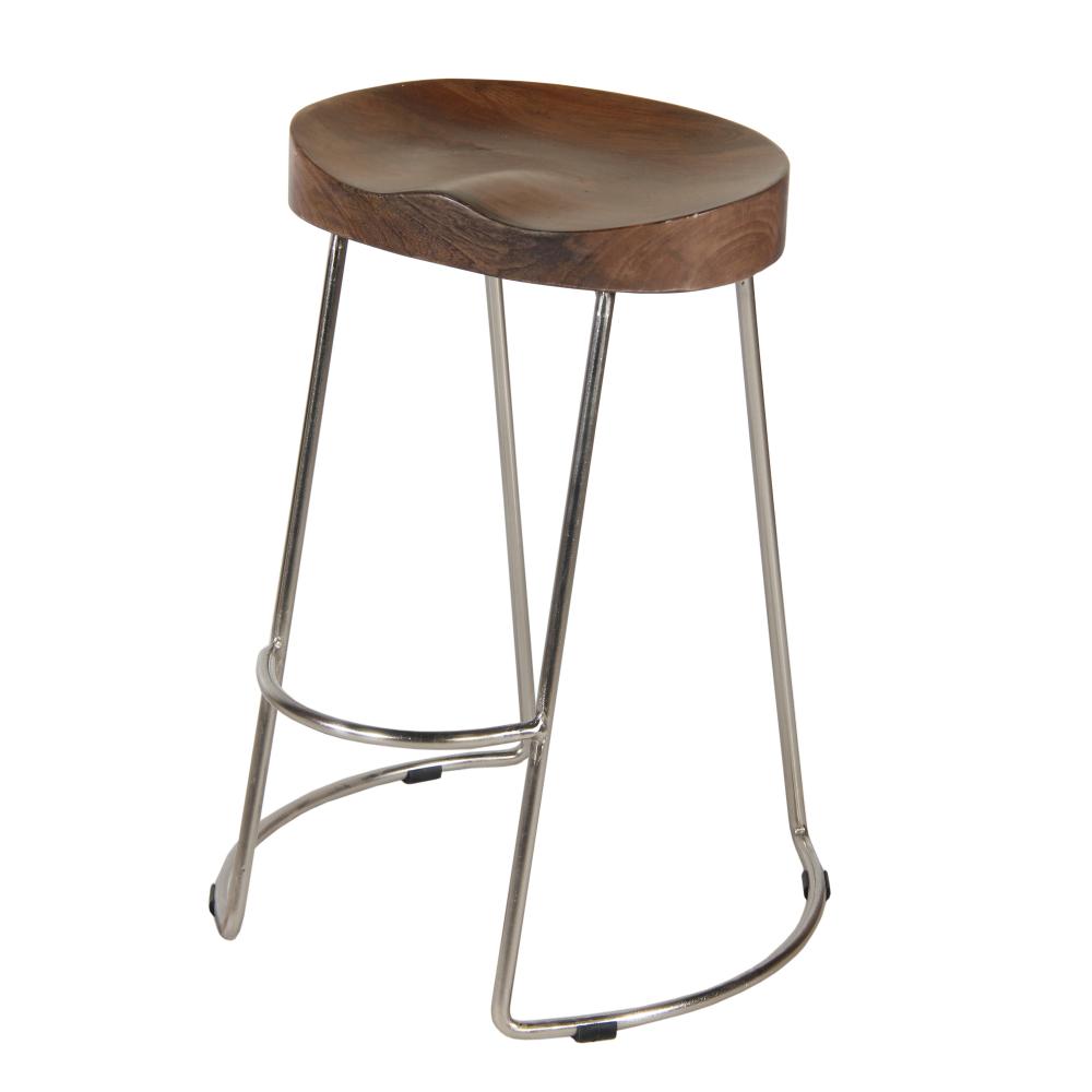 Farmhouse Counter Height Barstool with Wooden Saddle Seat and Tubular Frame Small Brown and Silver By The Urban Port UPT-263790