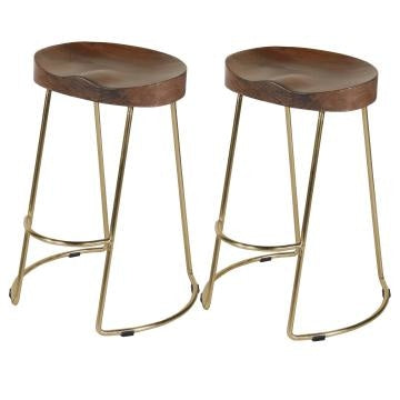 Ela Mango Wood Counter Height Stool Saddle Seat Iron Set of 2 Walnut Brown Gold By The Urban Port UPT-263792-2