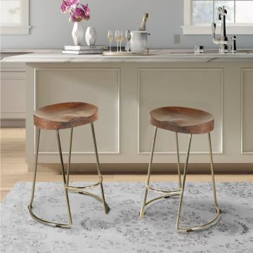 Ela Mango Wood Counter Height Stool, Saddle Seat, Iron, Set of 2, Walnut Brown, Gold By The Urban Port