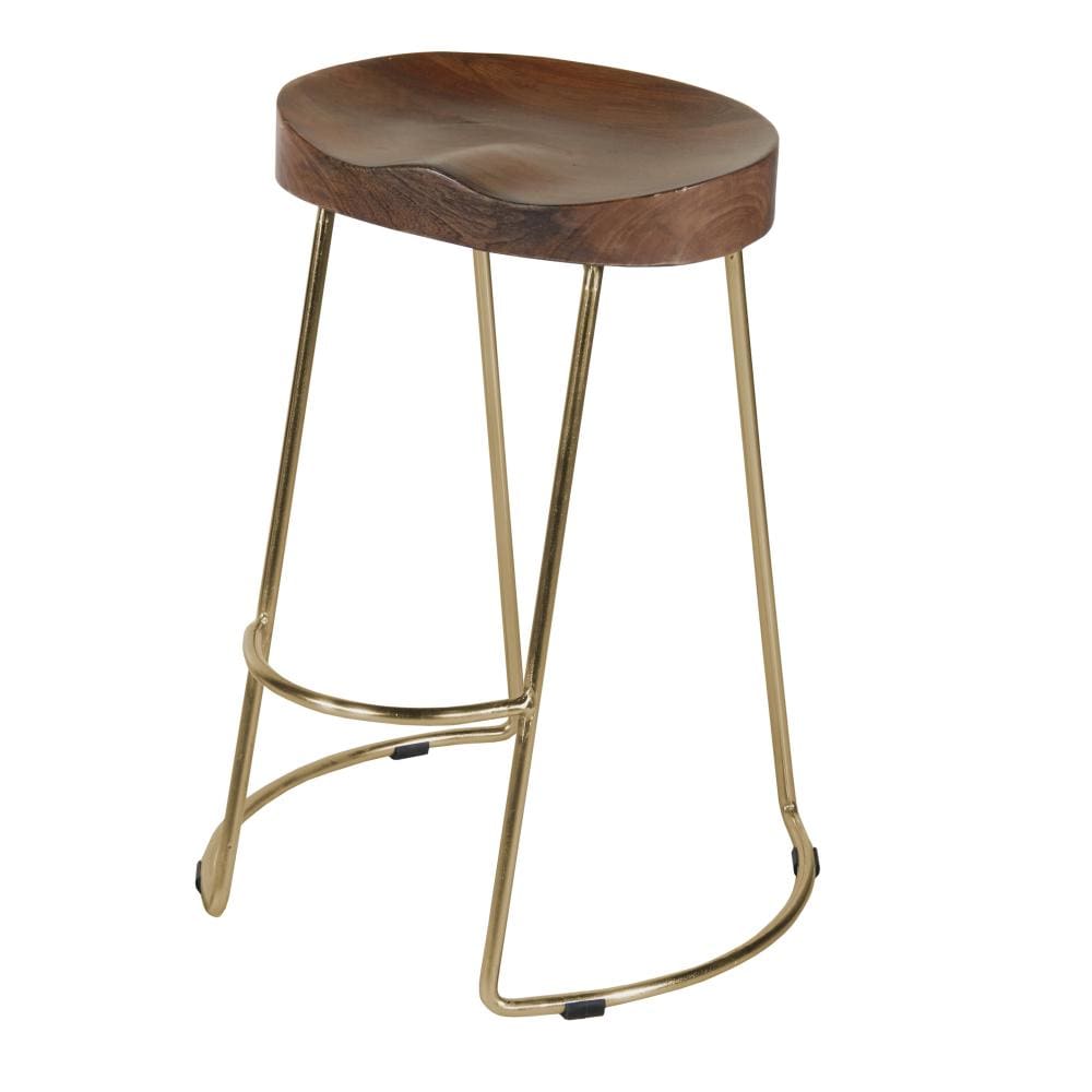 Farmhouse Counter Height Barstool with Wooden Saddle Seat and Tubular Frame Small Brown and Gold By The Urban Port UPT-263792