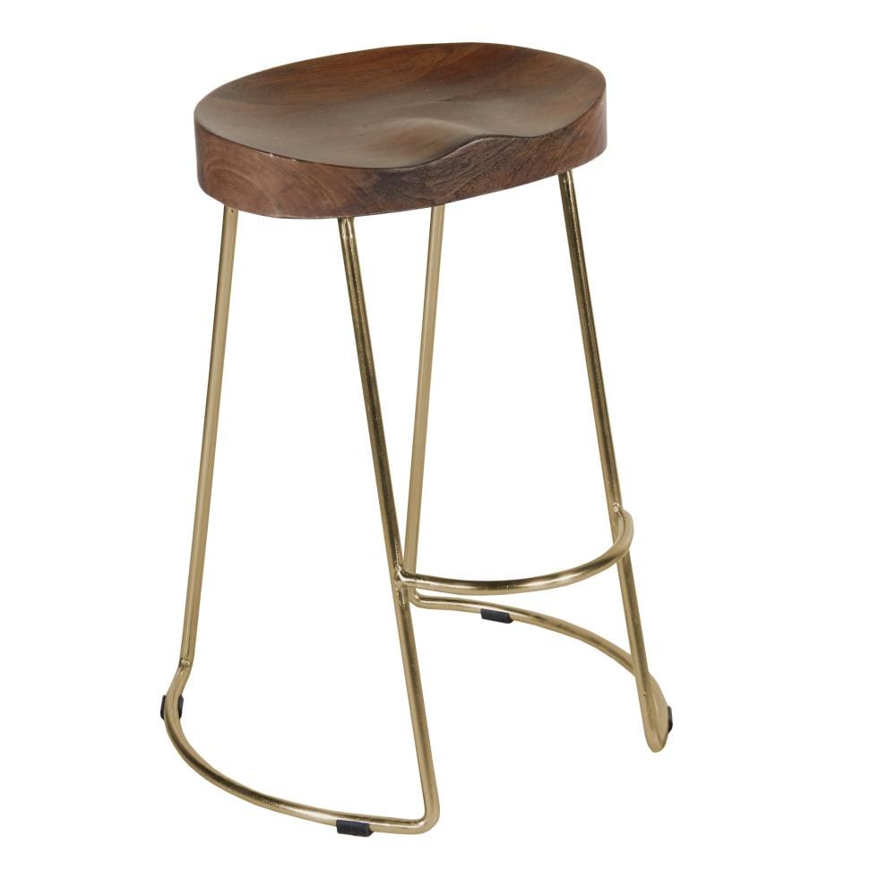 Farmhouse Counter Height Barstool with Wooden Saddle Seat and Tubular Frame Small Brown and Gold By The Urban Port UPT-263792