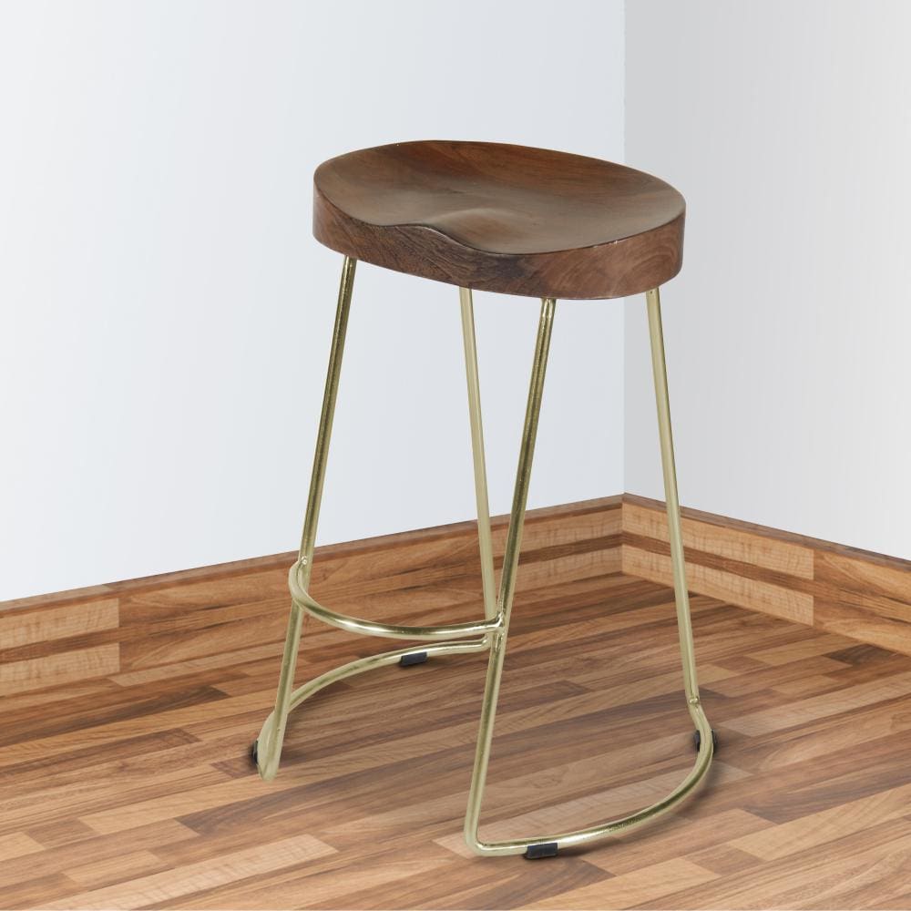 Farmhouse Counter Height Barstool with Wooden Saddle Seat and Tubular Frame Small Brown and Gold By The Urban Port UPT-263792