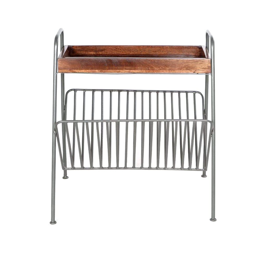 25 Inch Rectangular Metal Frame Side Table Magazine Rack Mango Wood Tray Top Brown Pewter Gray By The Urban Port UPT-266374