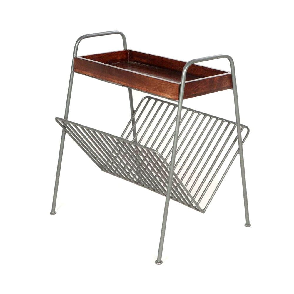 25 Inch Rectangular Metal Frame Side Table Magazine Rack Mango Wood Tray Top Brown Pewter Gray By The Urban Port UPT-266374