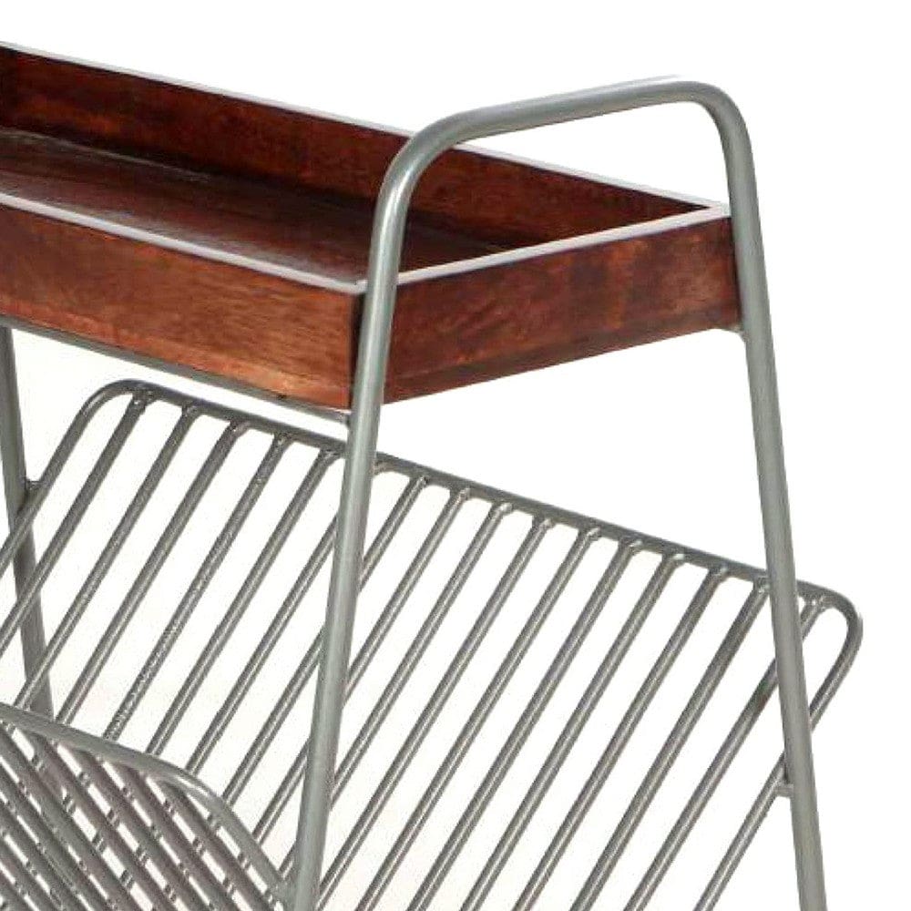 25 Inch Rectangular Metal Frame Side Table Magazine Rack Mango Wood Tray Top Brown Pewter Gray By The Urban Port UPT-266374