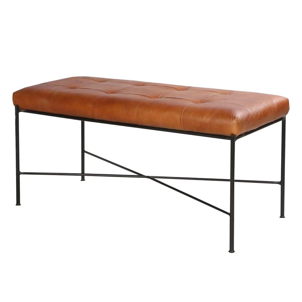 39 Inch Rectangular Accent Bench Genuine Leather Seating Tufted Tan Brown Black By The Urban Port UPT-266375