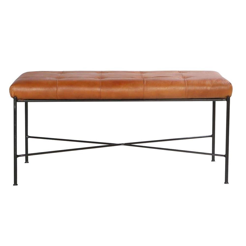 39 Inch Rectangular Accent Bench Genuine Leather Seating Tufted Tan Brown Black By The Urban Port UPT-266375