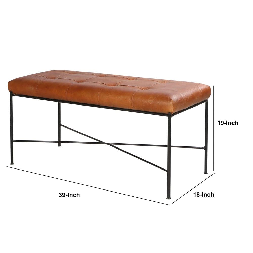 39 Inch Rectangular Accent Bench Genuine Leather Seating Tufted Tan Brown Black By The Urban Port UPT-266375