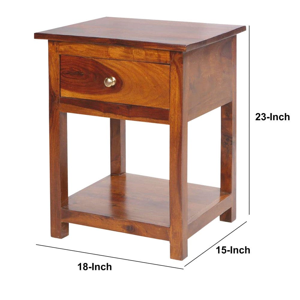 22.5 Inch Acacia Wood Rectangular End Side Table 1 Drawer Open Shelf Walnut Brown By The Urban Port UPT-266376