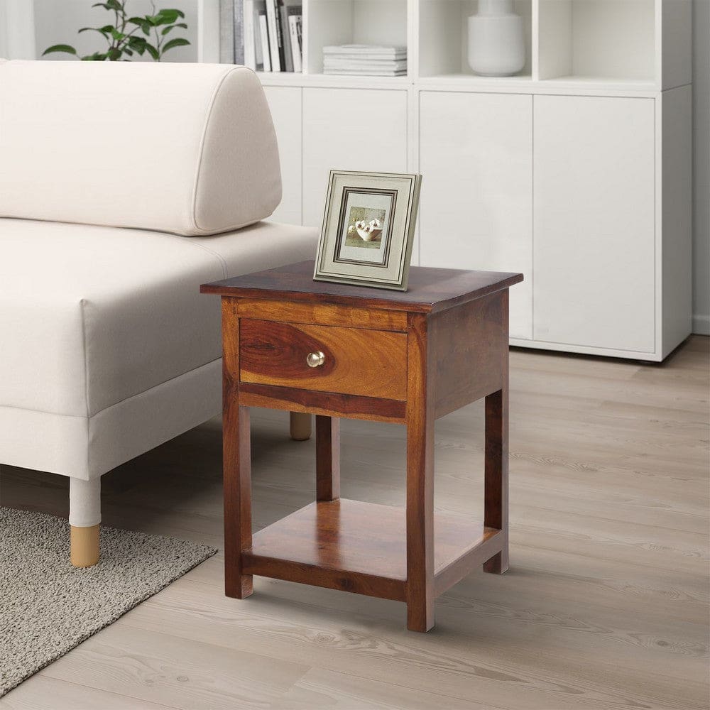 22.5 Inch Acacia Wood Rectangular End Side Table 1 Drawer Open Shelf Walnut Brown By The Urban Port UPT-266376