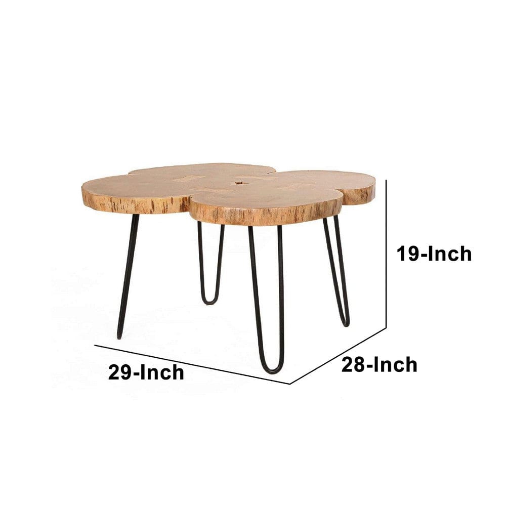 29 Inch Acacia Wood Coffee Table Live Edge Quatrefoil Top Iron Hairpin Legs Brown and Black By The Urban Port UPT-266380