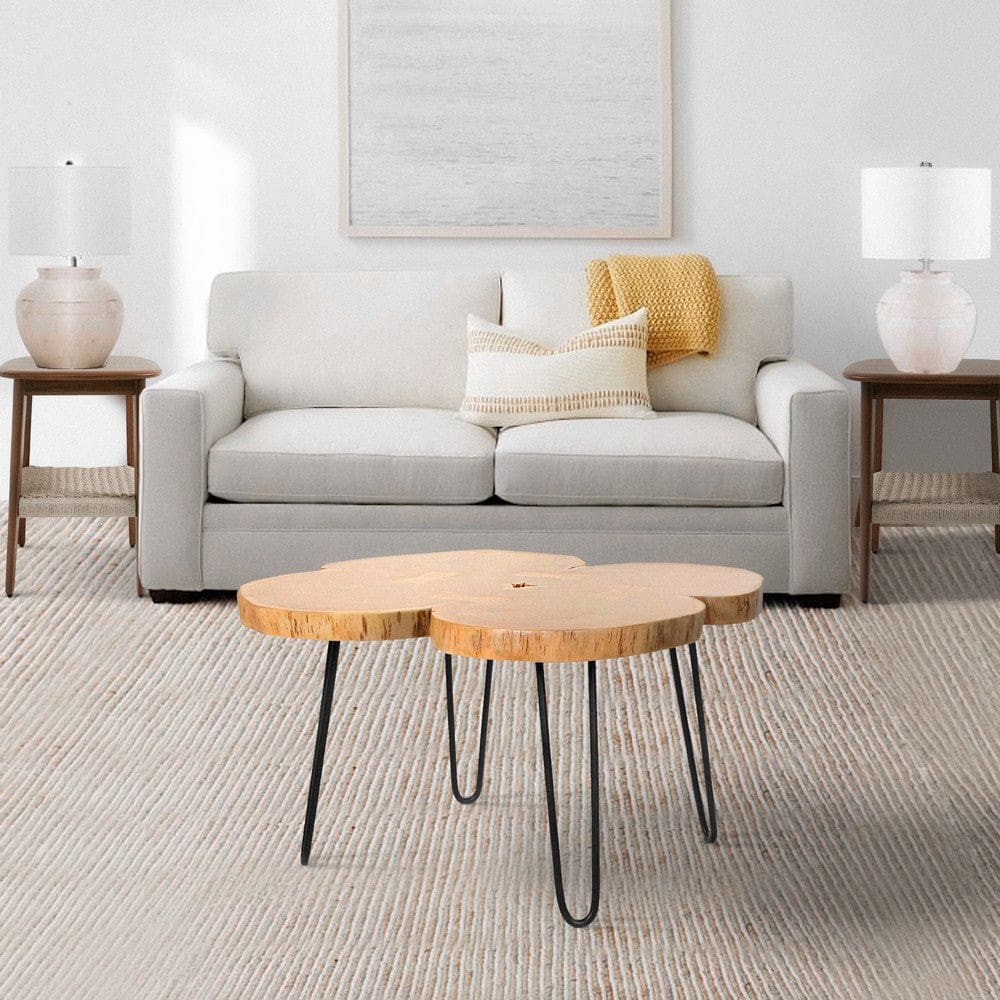 29 Inch Acacia Wood Coffee Table, Live Edge, Quatrefoil Top, Iron Hairpin Legs, Brown and Black By The Urban Port