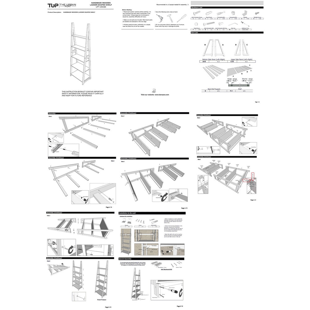 70 Inch Solid Wood Ladder Bookshelf 5 Tier Storage A Shape Frame White By The Urban Port UPT-266386